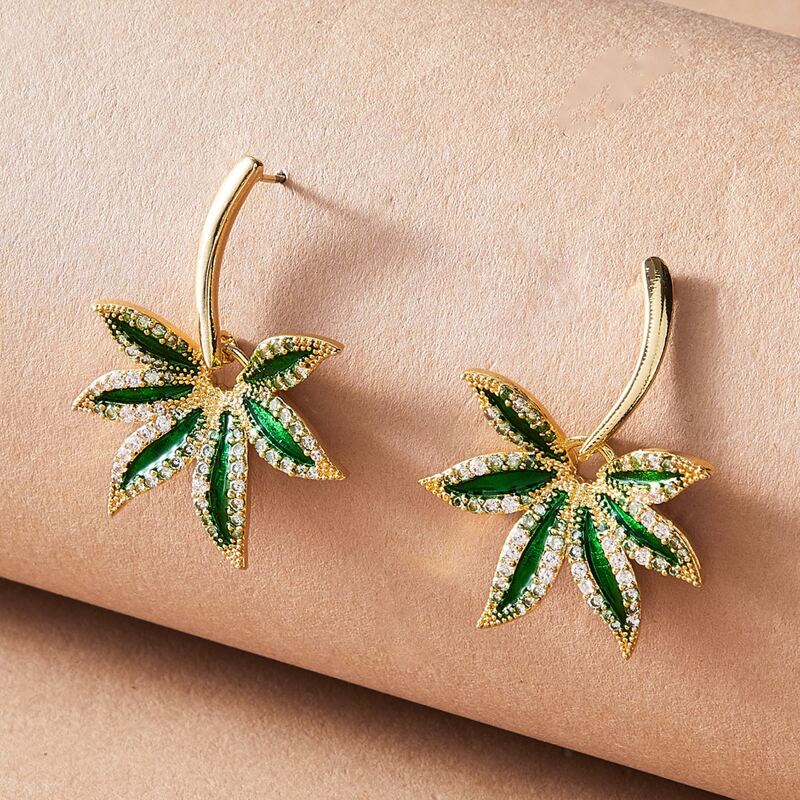 

1pair Rhinestone Engraved Leaf Drop Earrings, Green