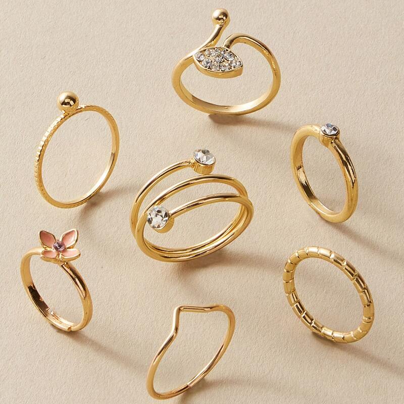 

7pcs Rhinestone & Flower Decor Ring, Gold
