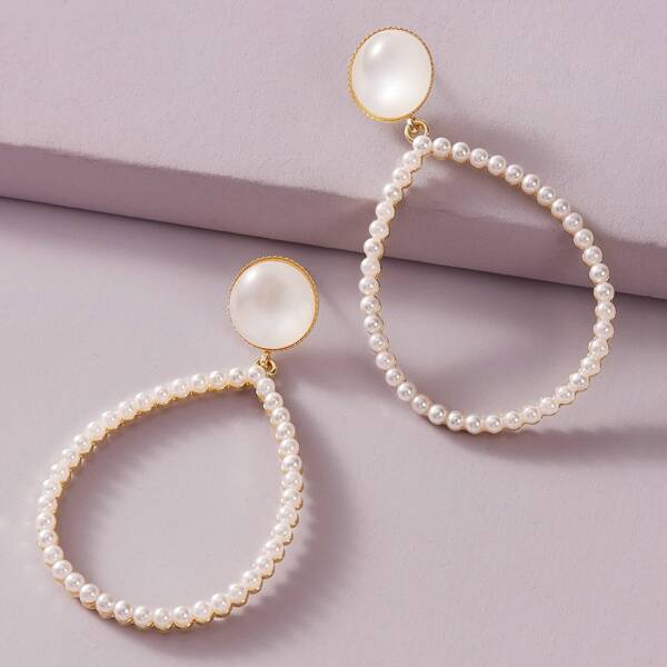 

1pair Faux Pearl Engraved Water Drop Earrings, White