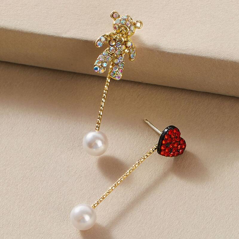 

1pair Bear & Heart Shaped Pearl Drop Earrings, Multicolor