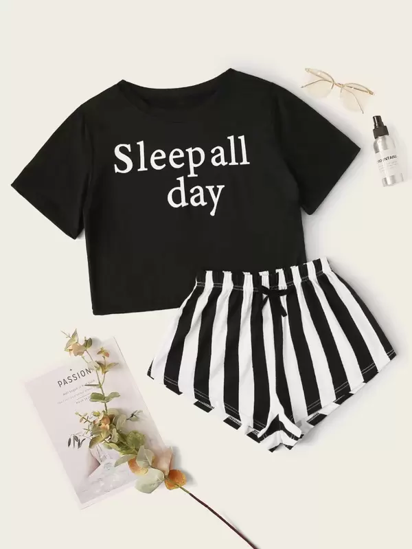 Letter & Stripe Print PJ Set | SHEIN EUR