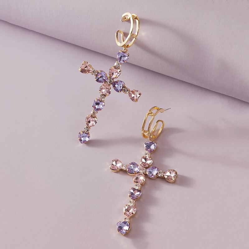 

1pair Rhinestone Engraved Cross Drop Earrings, Multicolor