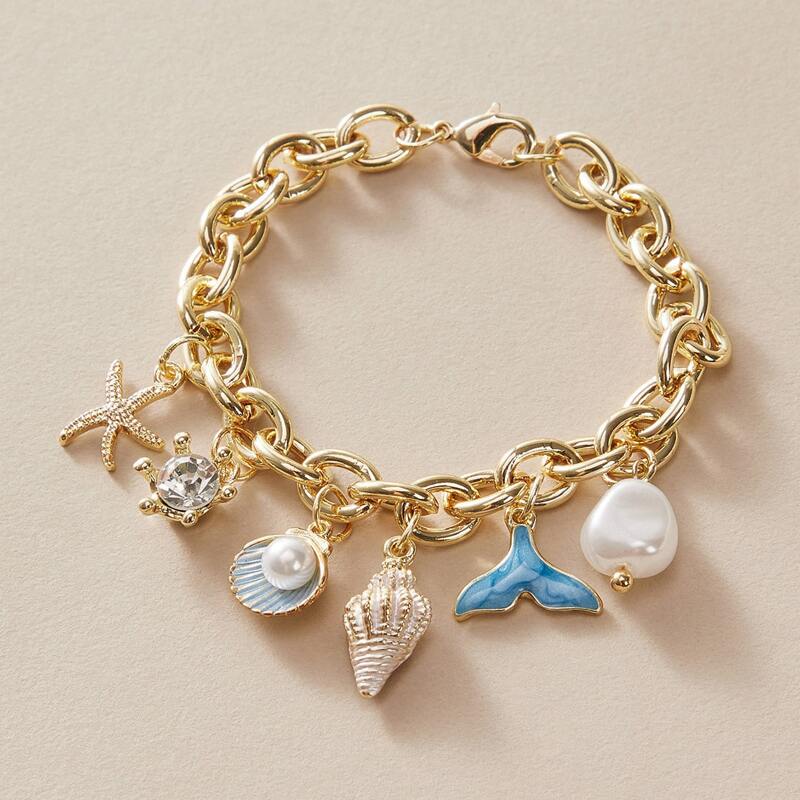 

1pc Shell & Faux Pearl Chain Bracelet, Gold