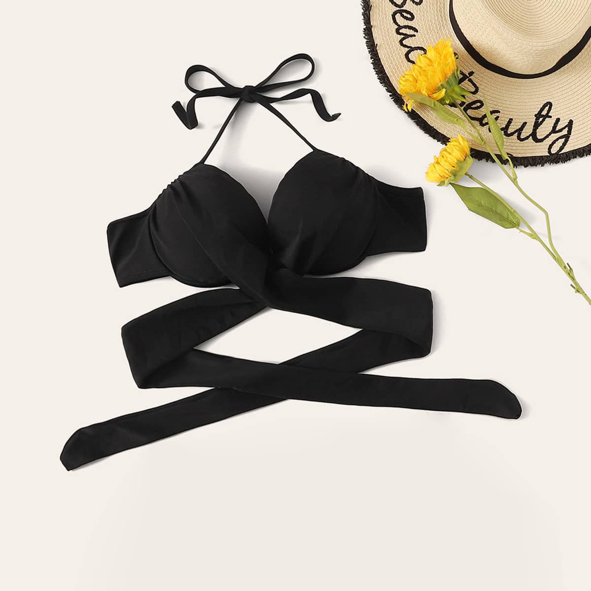 

Wrap Underwire Halter Bikini Top, Black