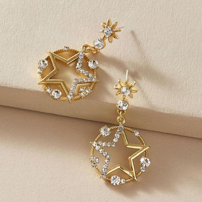 

1pair Rhinestone Engraved Star Drop Earrings, Gold