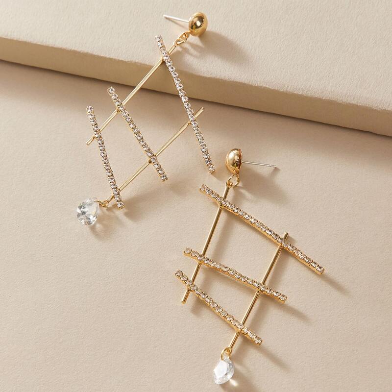 

1pair Rhinestone Engraved Geometric Drop Earrings, Gold