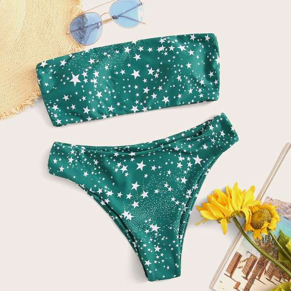 

Star Print Bandeau Bikini Swimsuit, Green