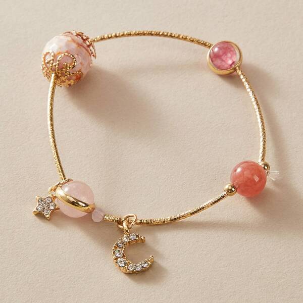 

1pack Rhinestone Engraved Star & Moon Charm Bracelet, Gold