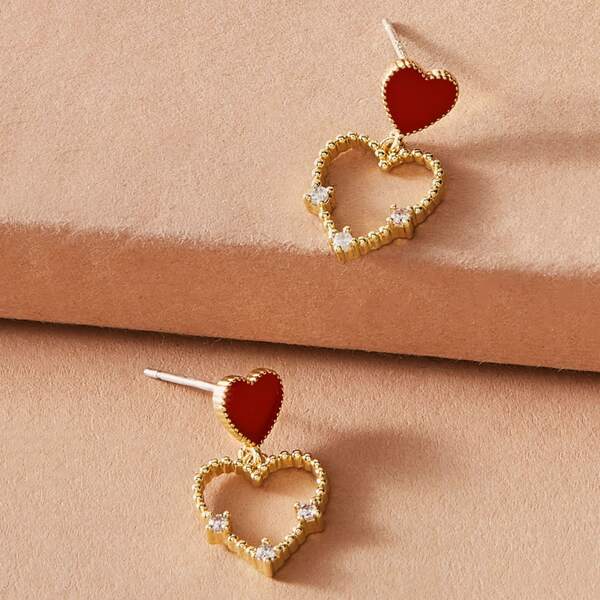 

1pair Rhinestone Engraved Heart Drop Earrings, Multicolor