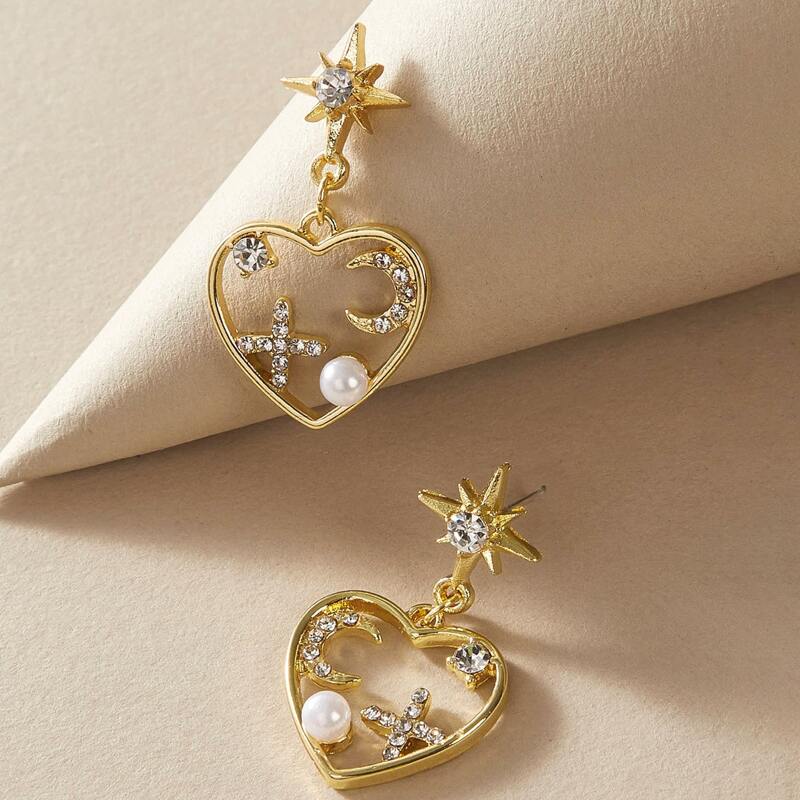 

1pair Rhinestone Engraved Heart Drop Earrings, Gold