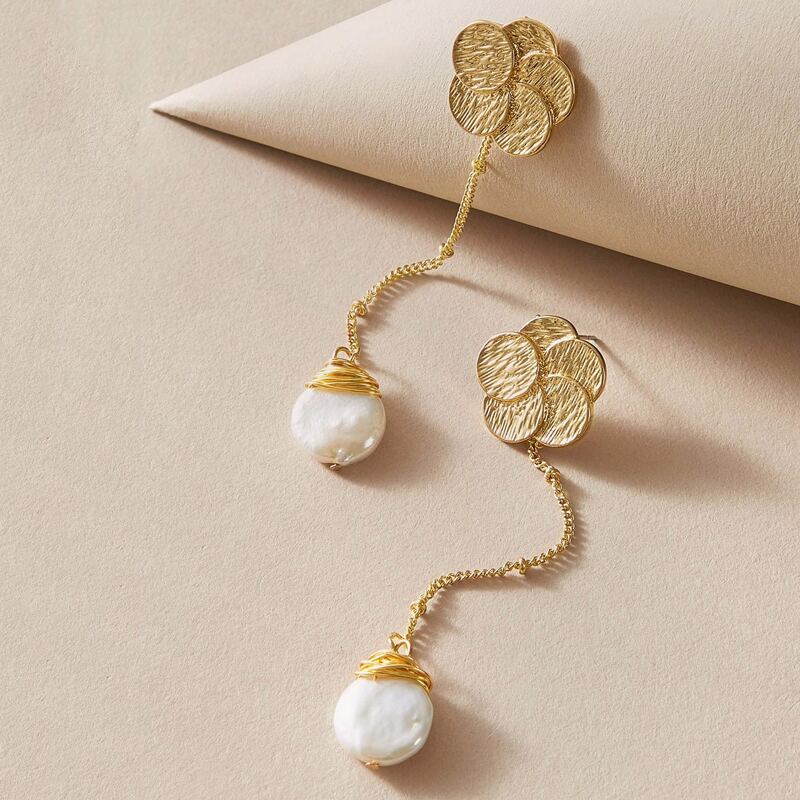 

1pair Textured Faux Pearl Drop Earrings, Gold