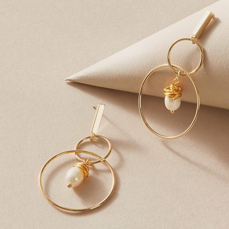 

1pair Hand Wrapped Pearl Decor Round Drop Earrings, Gold