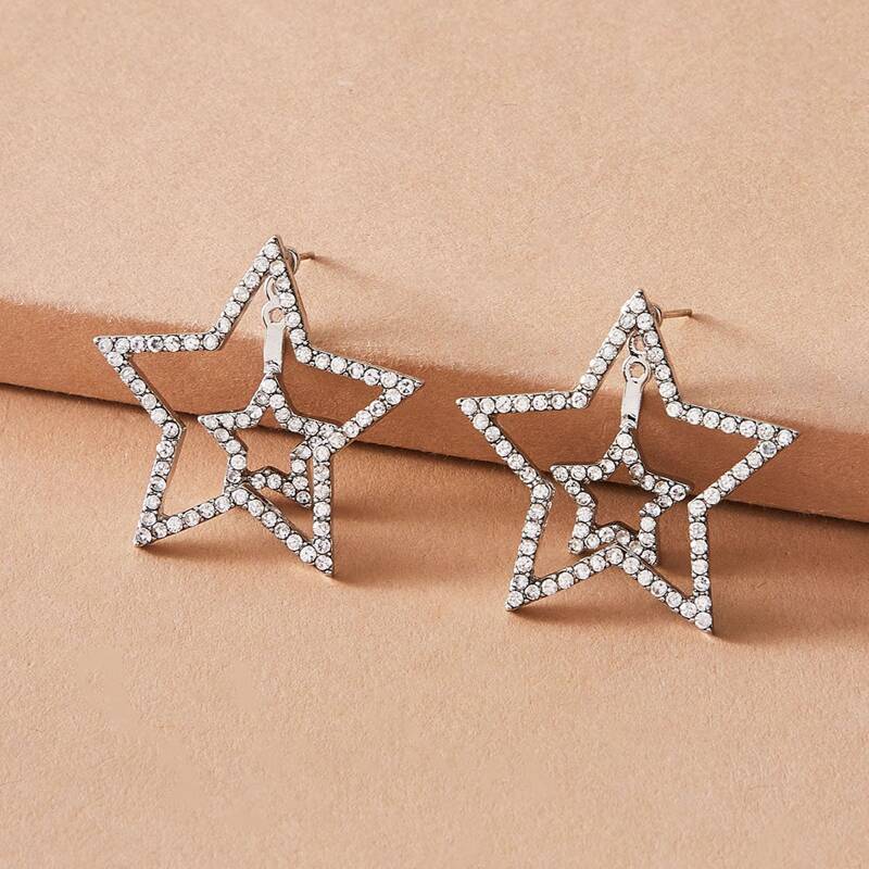 

1pair Rhinestone Engraved Star Shaped Earrings, Silver
