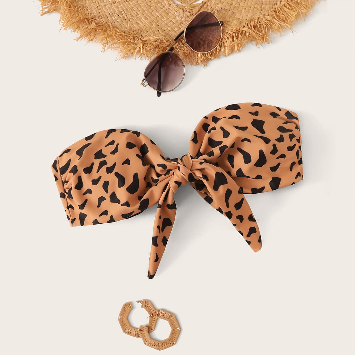 

Tie Front Leopard Print Bandeau Bikini Top, Multicolor