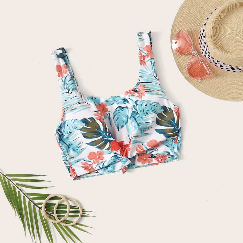 

Knot Front Random Tropical Bikini Top, Multicolor