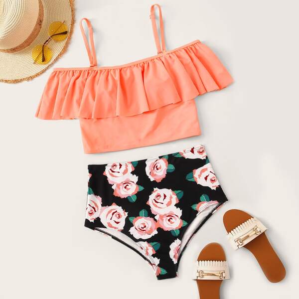 

Floral Ruffle Trim High Waisted Bikini Swimsuit, Multicolor