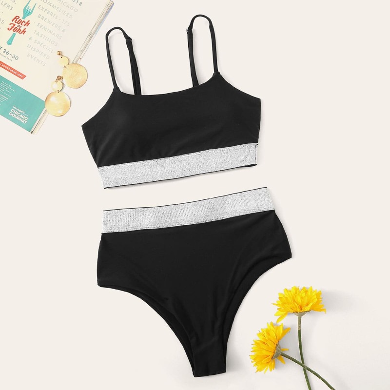 

Glitter Tape High Waist Bikini Swimsuit, Black