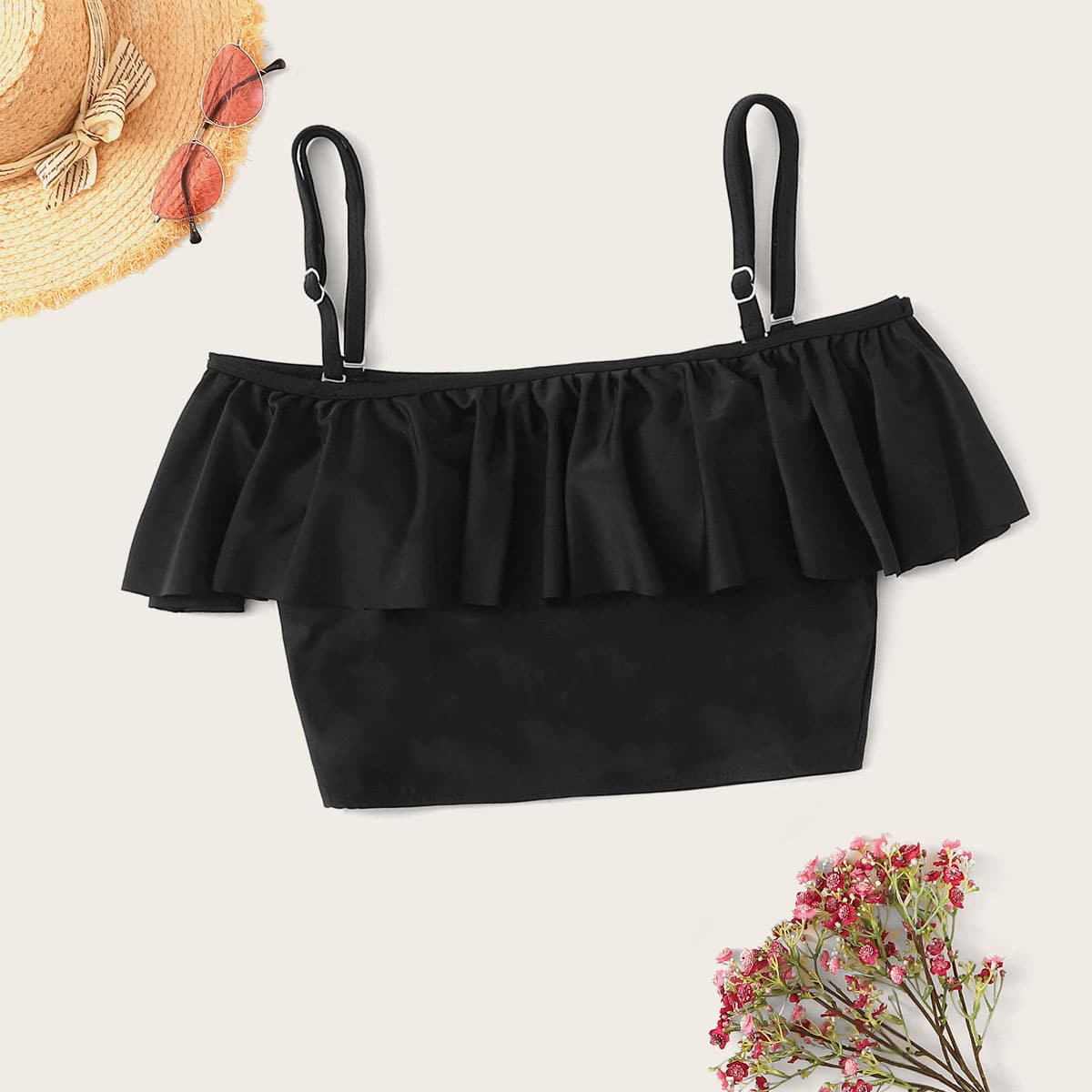 

Ruffle Trim Bikini Top, Black