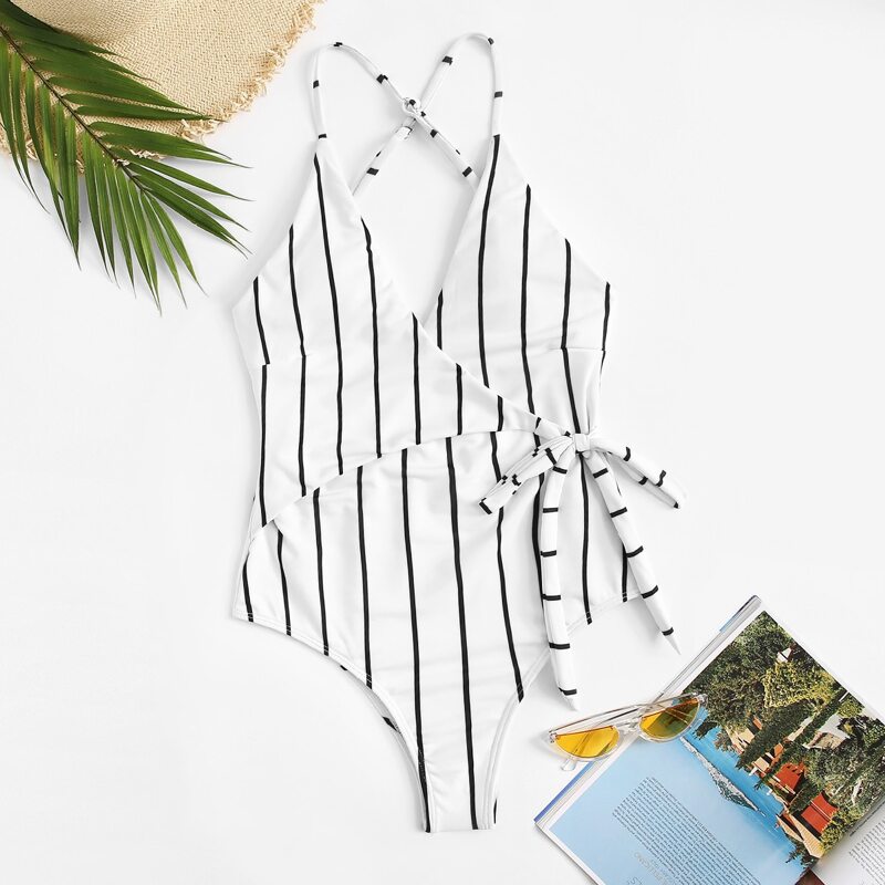 

Striped Wrap Tie Side One Piece Swimsuit, White