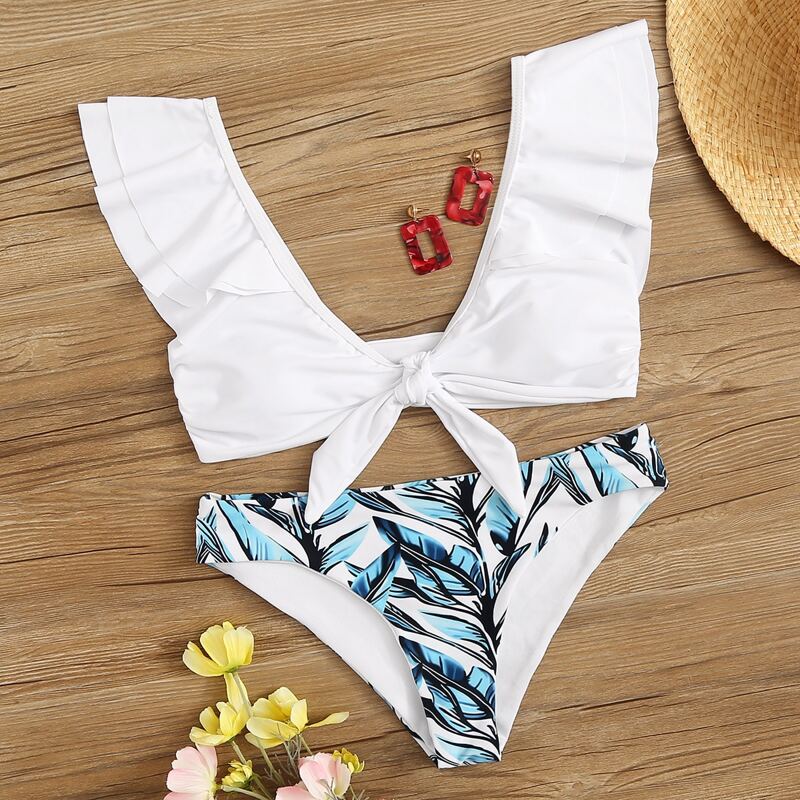 

Plant Print Tie Front Ruffle Bikini Swimsuit, Multicolor