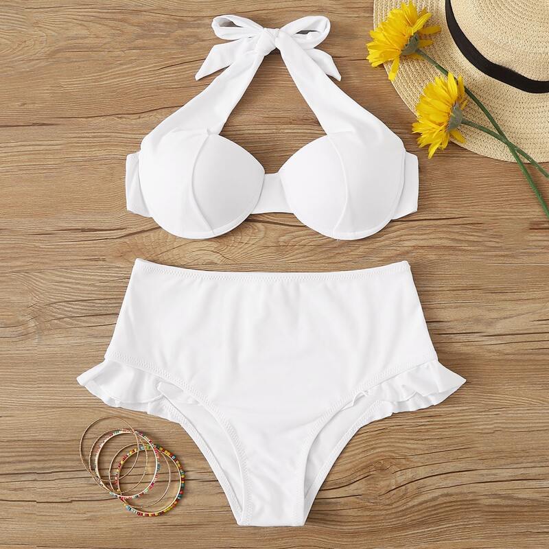 

Underwire Halter Ruffle Trim Bikini Swimsuit, White