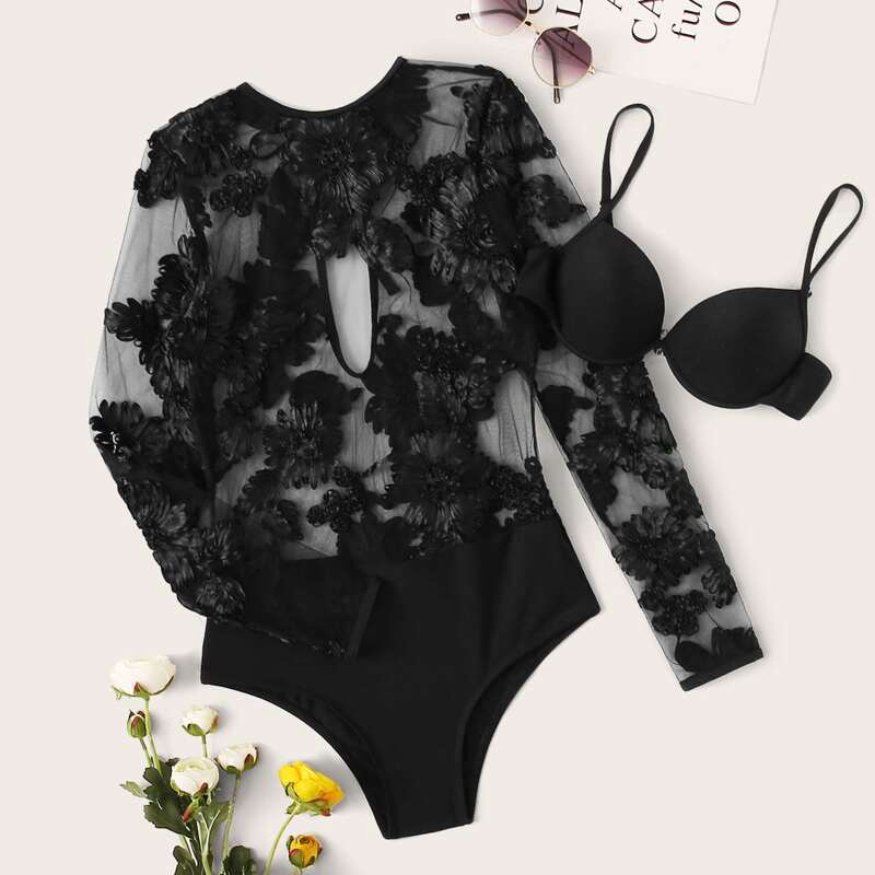 

1pc Appliques Mesh Swimsuit With 1pc Underwired Bikini Top, Black