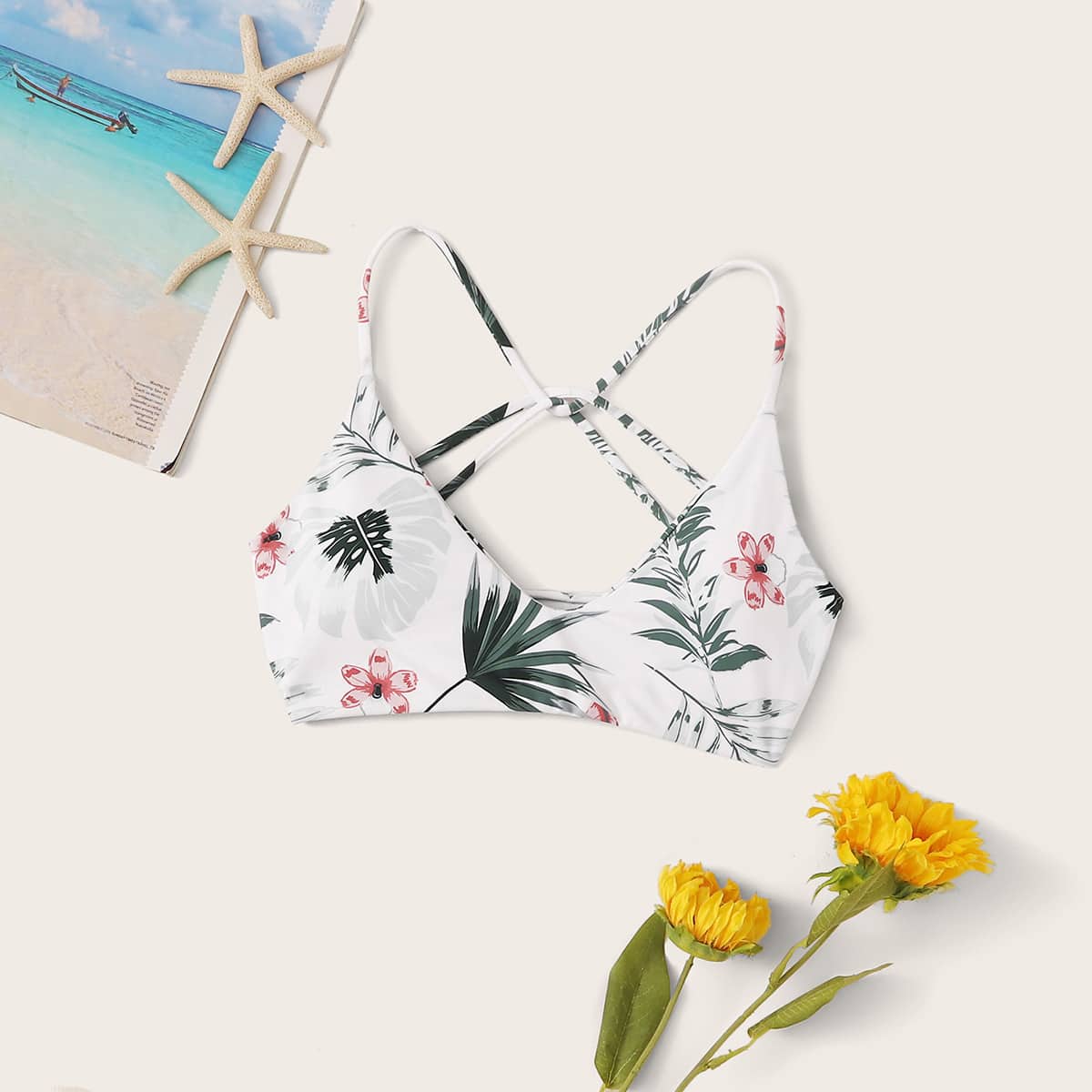 

Tropical Print Bikini Top, White