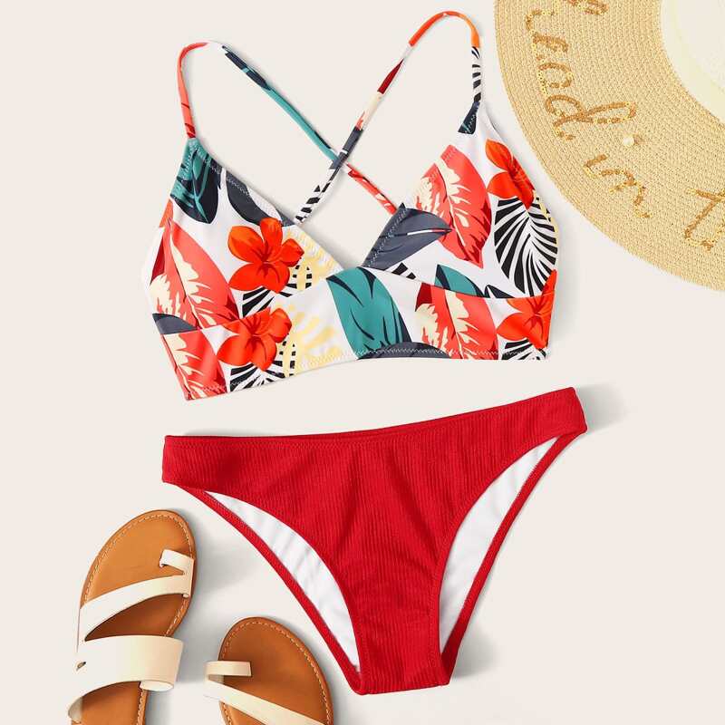 

Floral Rib Criss Cross Bikini Swimsuit, Multicolor