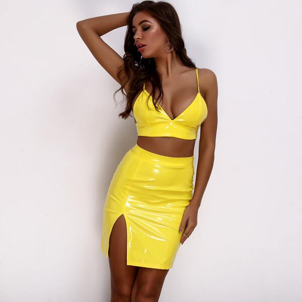 

Faux Patent Triangle Bralette Top & Slit Hem Skirt Set, Yellow bright