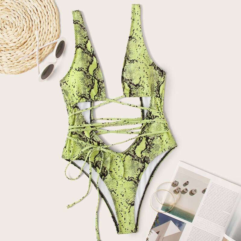 

Snakeskin Print Cut-out Plunging One Piece Swimsuit, Multicolor
