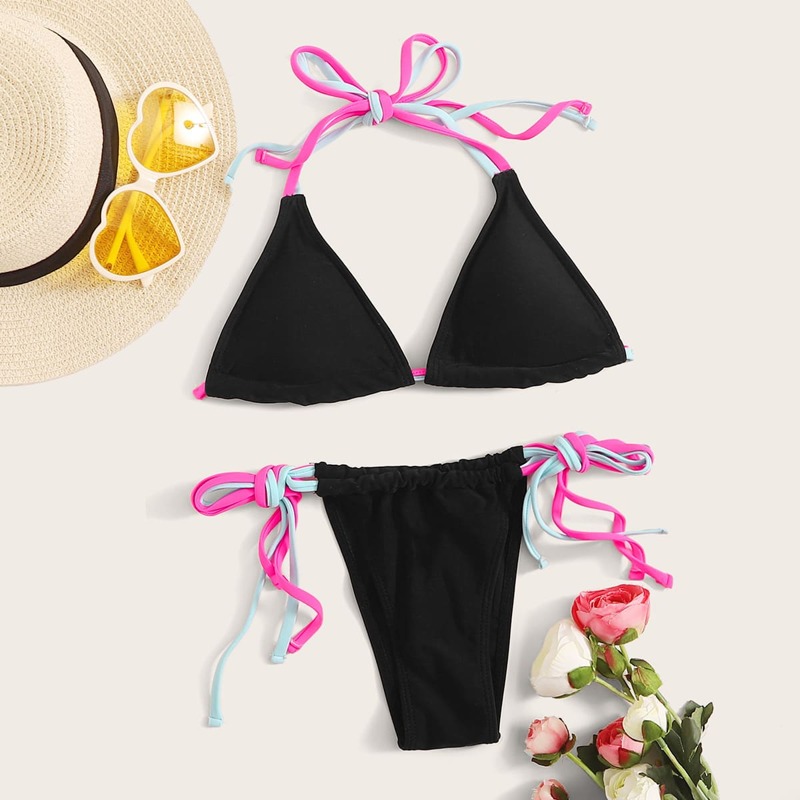 

Halter Triangle Tie Side Bikini Swimsuit, Black