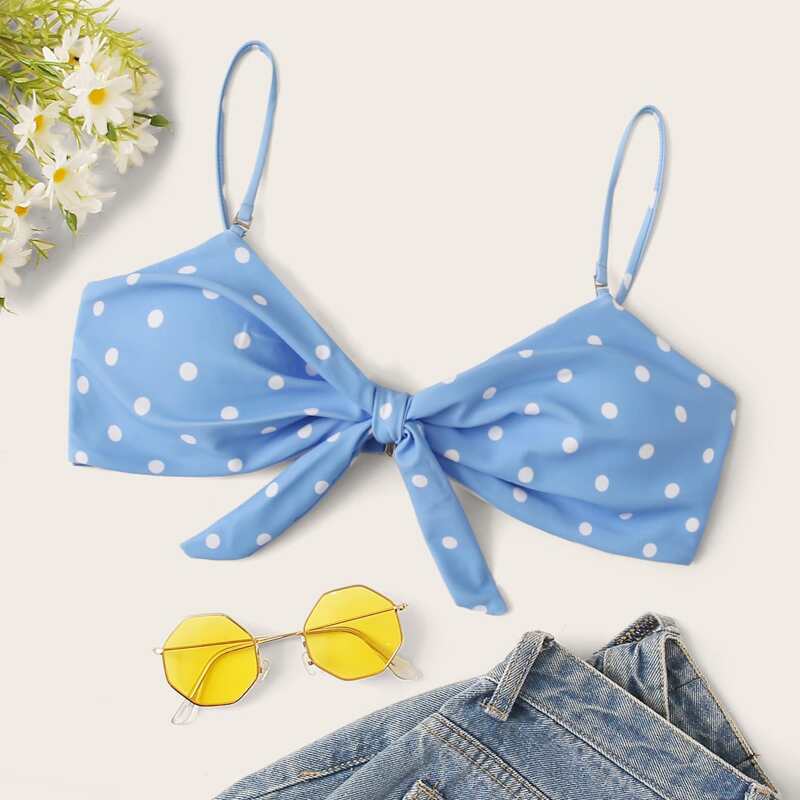 

Polka Dot Knot Front Bikini Top, Blue