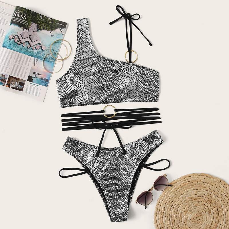 

Metallic Croc High Leg Bikini Swimsuit, Grey