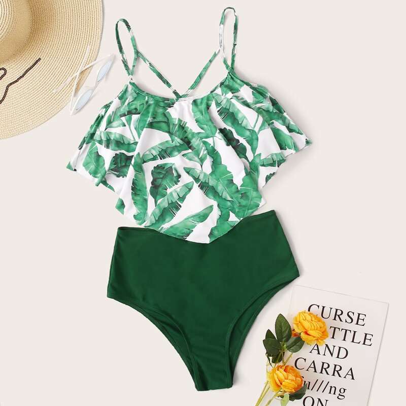 

Random Tropical Hanky Hem High Waisted Bikini Swimsuit, Green