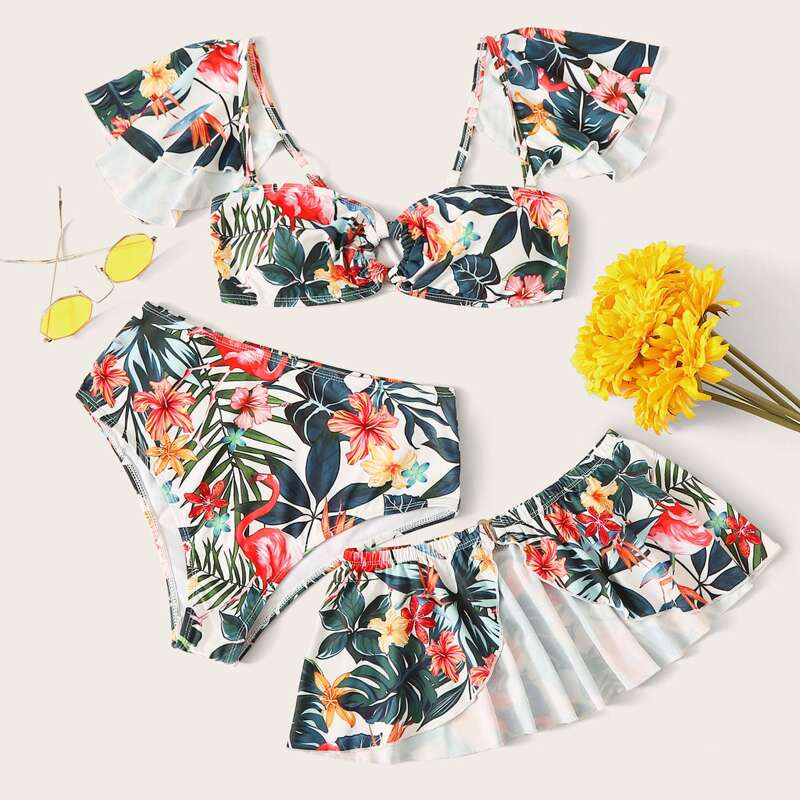 

3pack Tropical Bardot Bikini Swimsuit With Beach Skirt, Multicolor