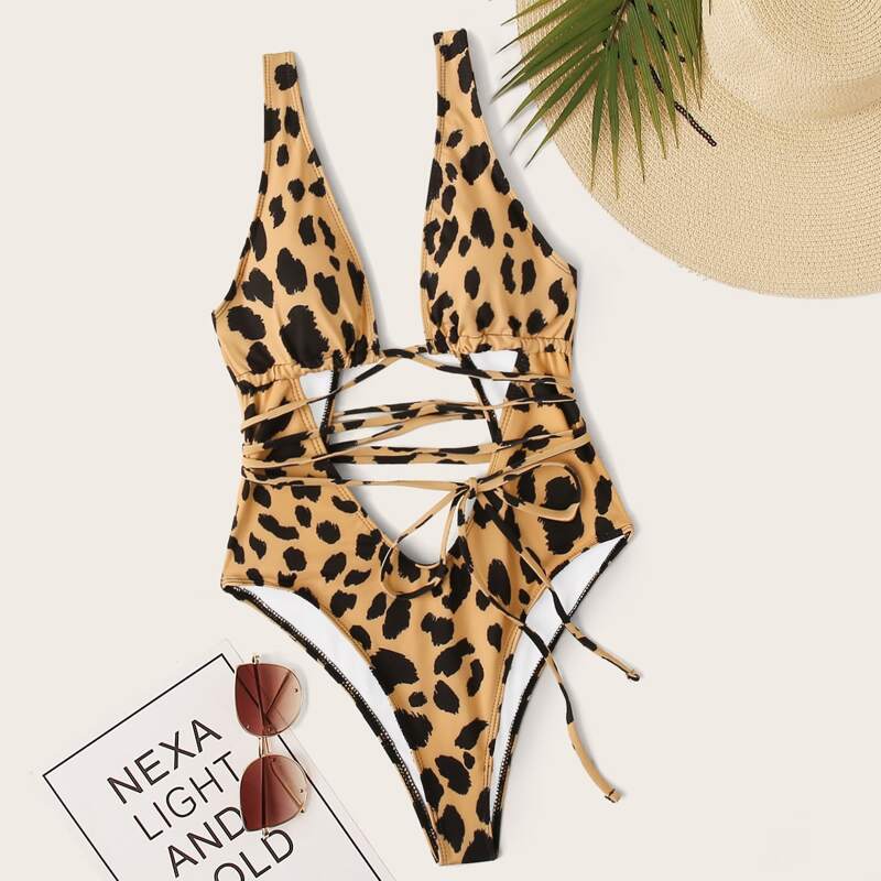 

Leopard Print Cut-out Plunging One Piece Swimsuit, Multicolor