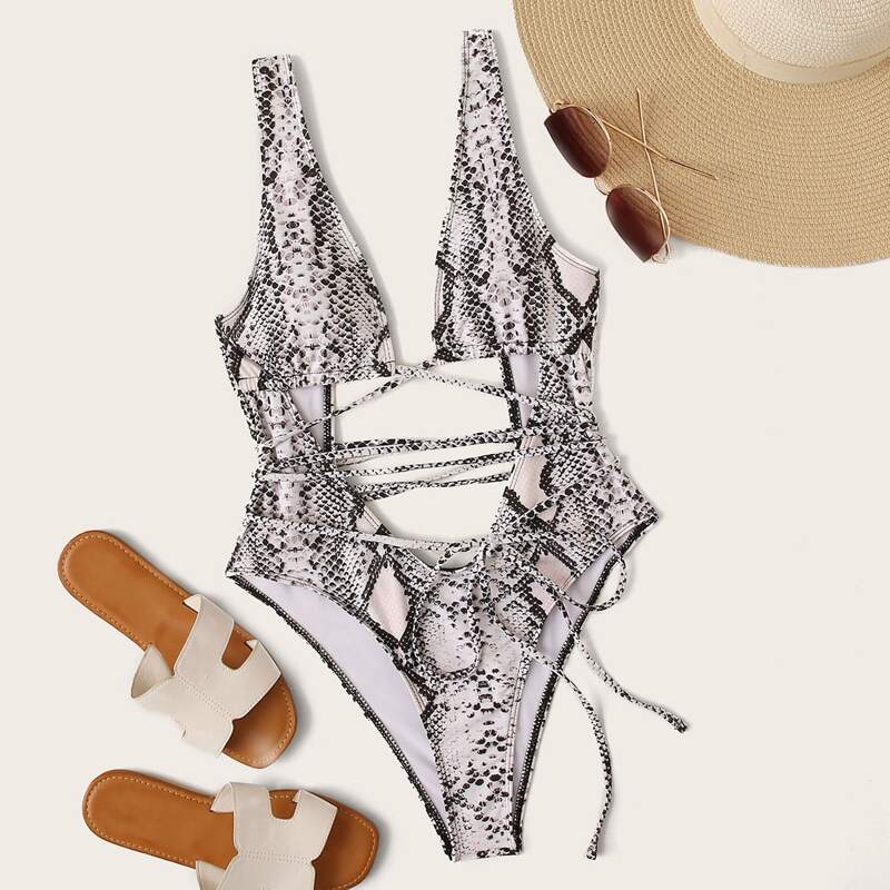 

Snakeskin Print Plunging One Piece Swimsuit, Multicolor