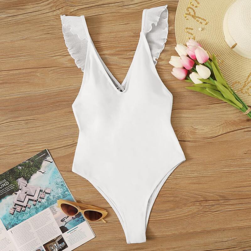 

Ruffle Trim One Piece Swimsuit, White