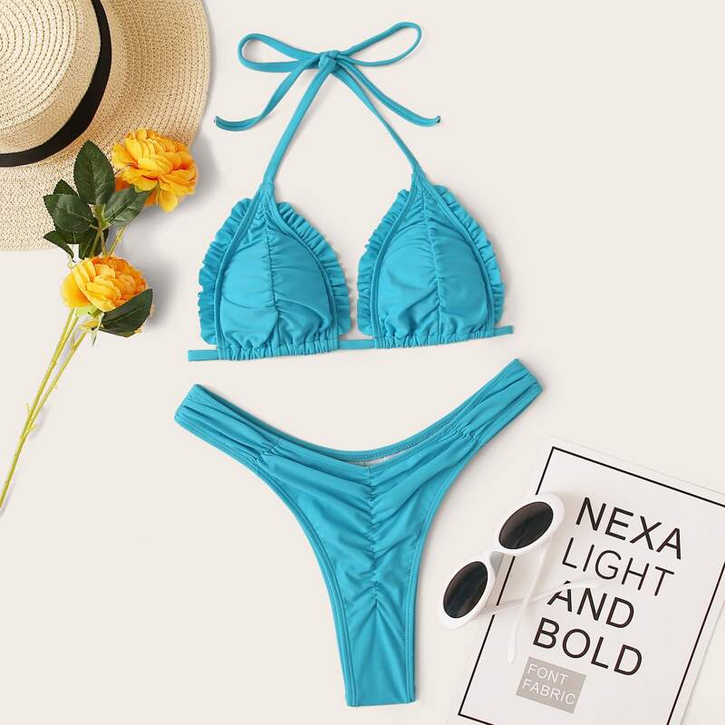

Frill Trim Halter Triangle High Cut Bikini Swimsuit, Blue