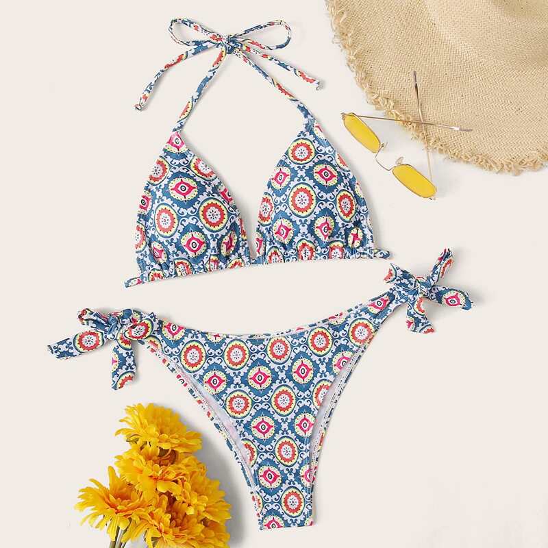 

Random Tribal Halter Triangle Tie Side Bikini Swimsuit, Multicolor