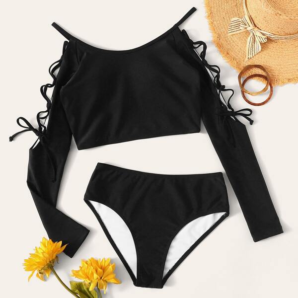 

Long Sleeve Tie Side Bikini Swimsuit, Black