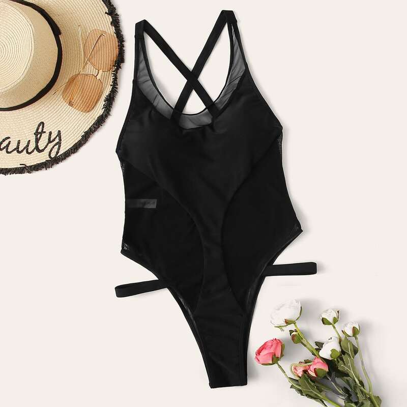 

Contrast Mesh Criss Cross One Piece Swimsuit, Black