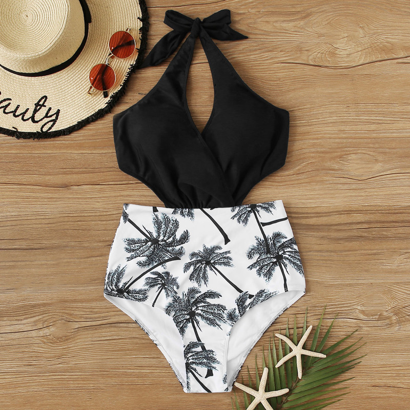 

Tropical Print Wrap Halter One Piece Swimsuit, Black and white