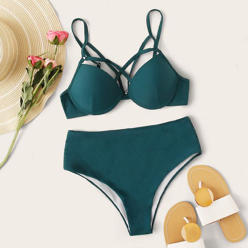 

Underwire Harness High Waisted Bikini Swimsuit, Blue