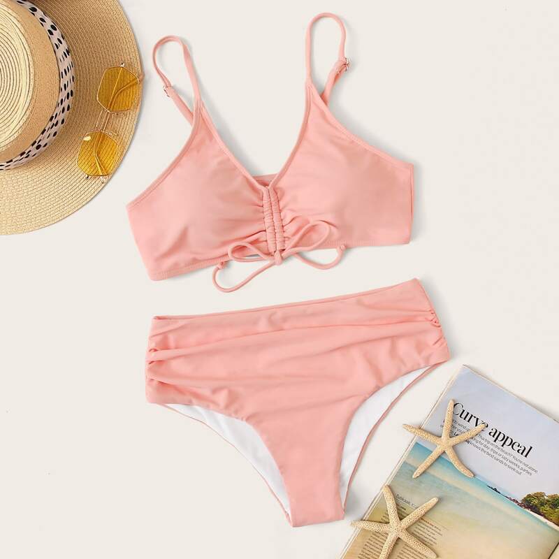 

Drawstring Front Ruched High Waisted Bikini Swimsuit, Pink