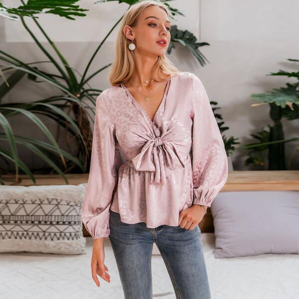 

Tie Front Leopard Jacquard Satin Peplum Top, Pink