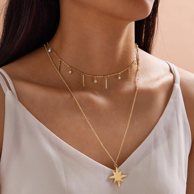 

1pc Star & Bar Charm Layered Necklace, Gold