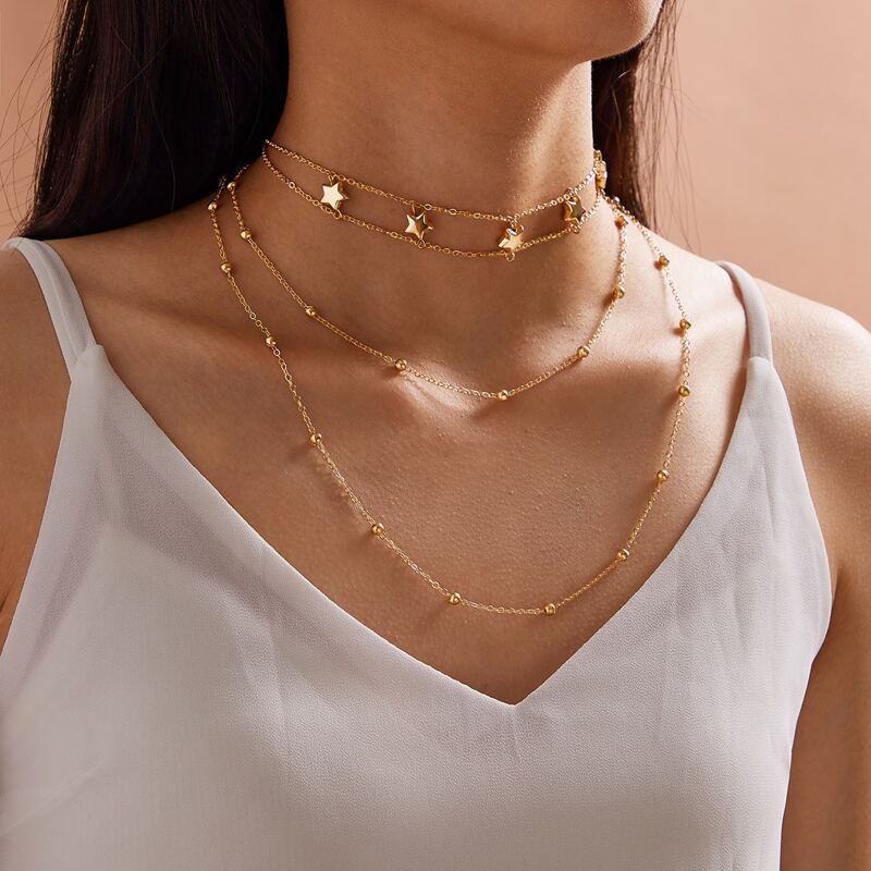 

1pc Star & Bead Charm Layered Necklace, Gold