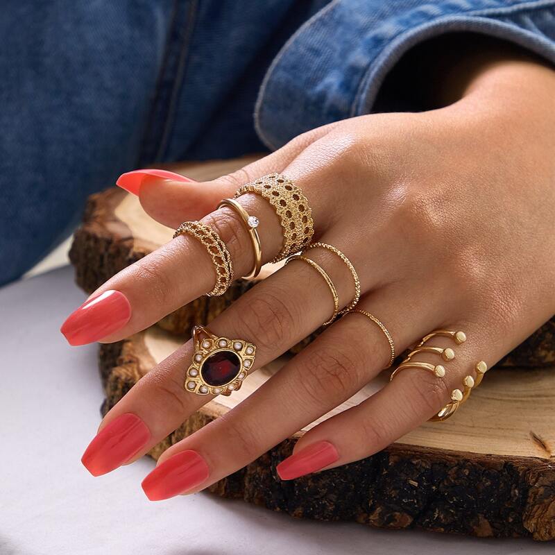 

8pcs Gemstone Decor Ring, Gold