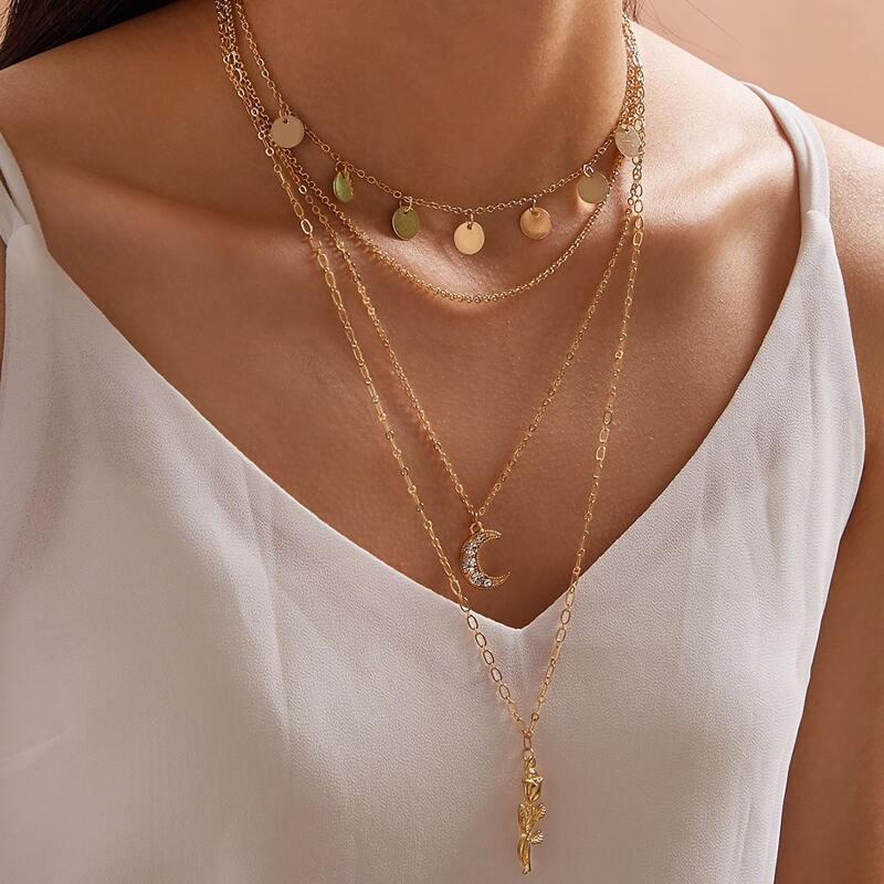 

1pc Disc & Rose Charm Layered Necklace, Gold